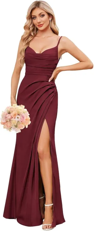 Spaghetti Straps Bridesmaid Dresses with Slit Pleated Chiffon Long Formal Gowns for Women