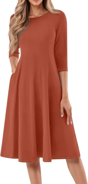 Spring Midi A Line Dresses for Women 3/4 Length Sleeve Cinched Waist Dress Crew Neck Dresses Dress with Pocket