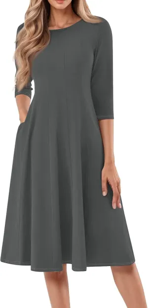 Spring Midi A Line Dresses for Women 3/4 Length Sleeve Cinched Waist Dress Crew Neck Dresses Dress with Pocket