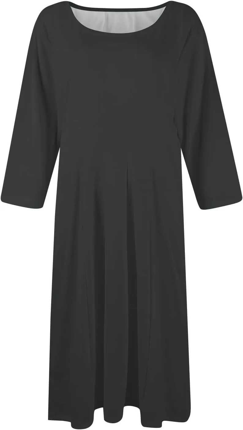 Spring Midi A Line Dresses for Women 3/4 Length Sleeve Cinched Waist Dress Crew Neck Dresses Dress with Pocket