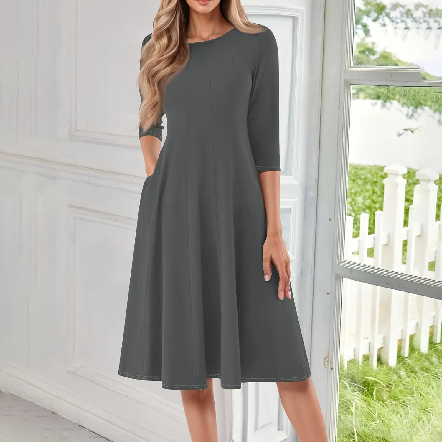 Spring Midi A Line Dresses for Women 3/4 Length Sleeve Cinched Waist Dress Crew Neck Dresses Dress with Pocket