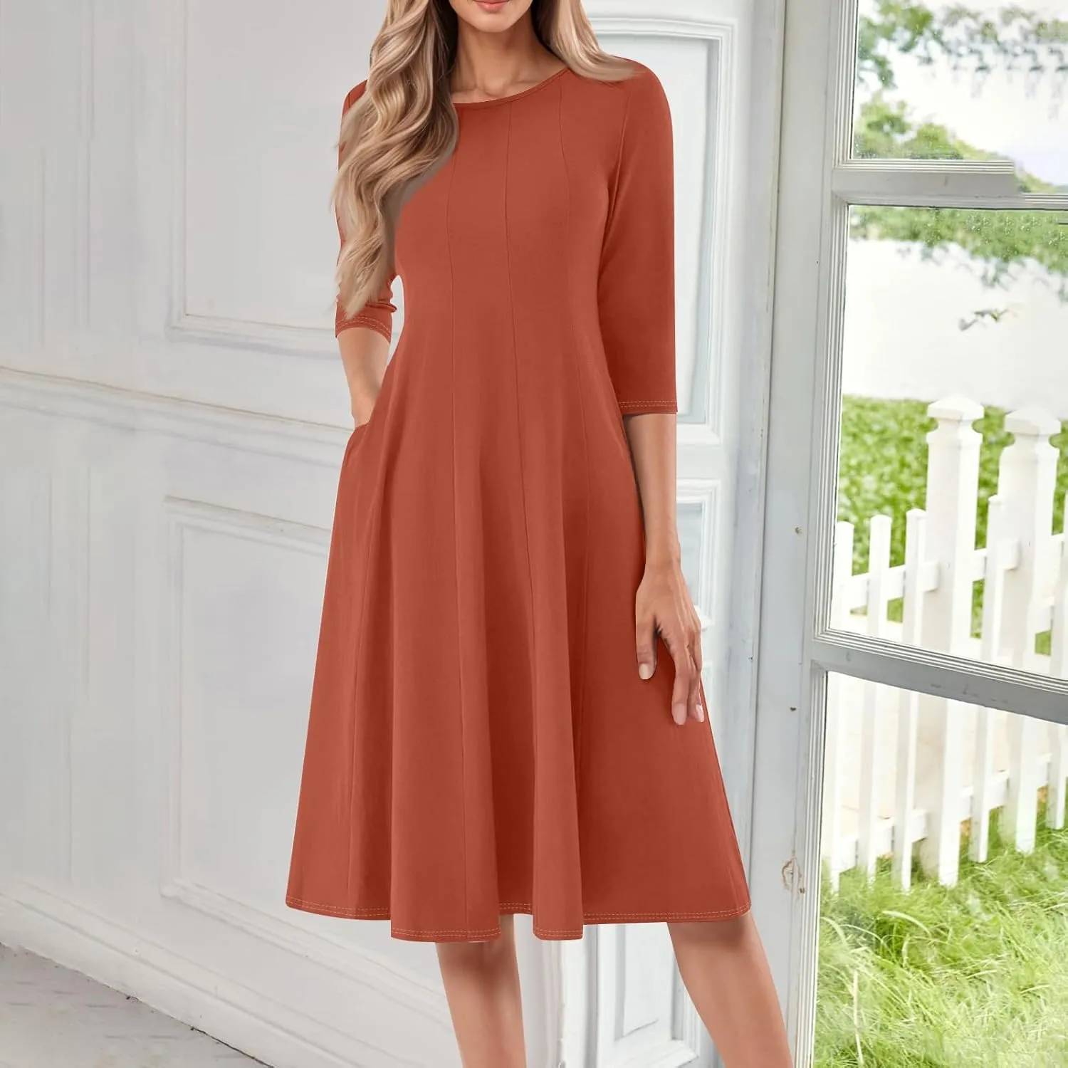 Spring Midi A Line Dresses for Women 3/4 Length Sleeve Cinched Waist Dress Crew Neck Dresses Dress with Pocket