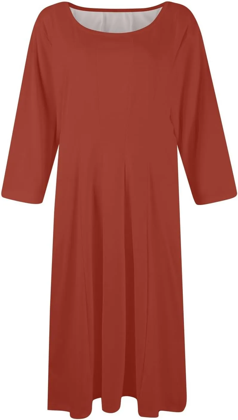 Spring Midi A Line Dresses for Women 3/4 Length Sleeve Cinched Waist Dress Crew Neck Dresses Dress with Pocket