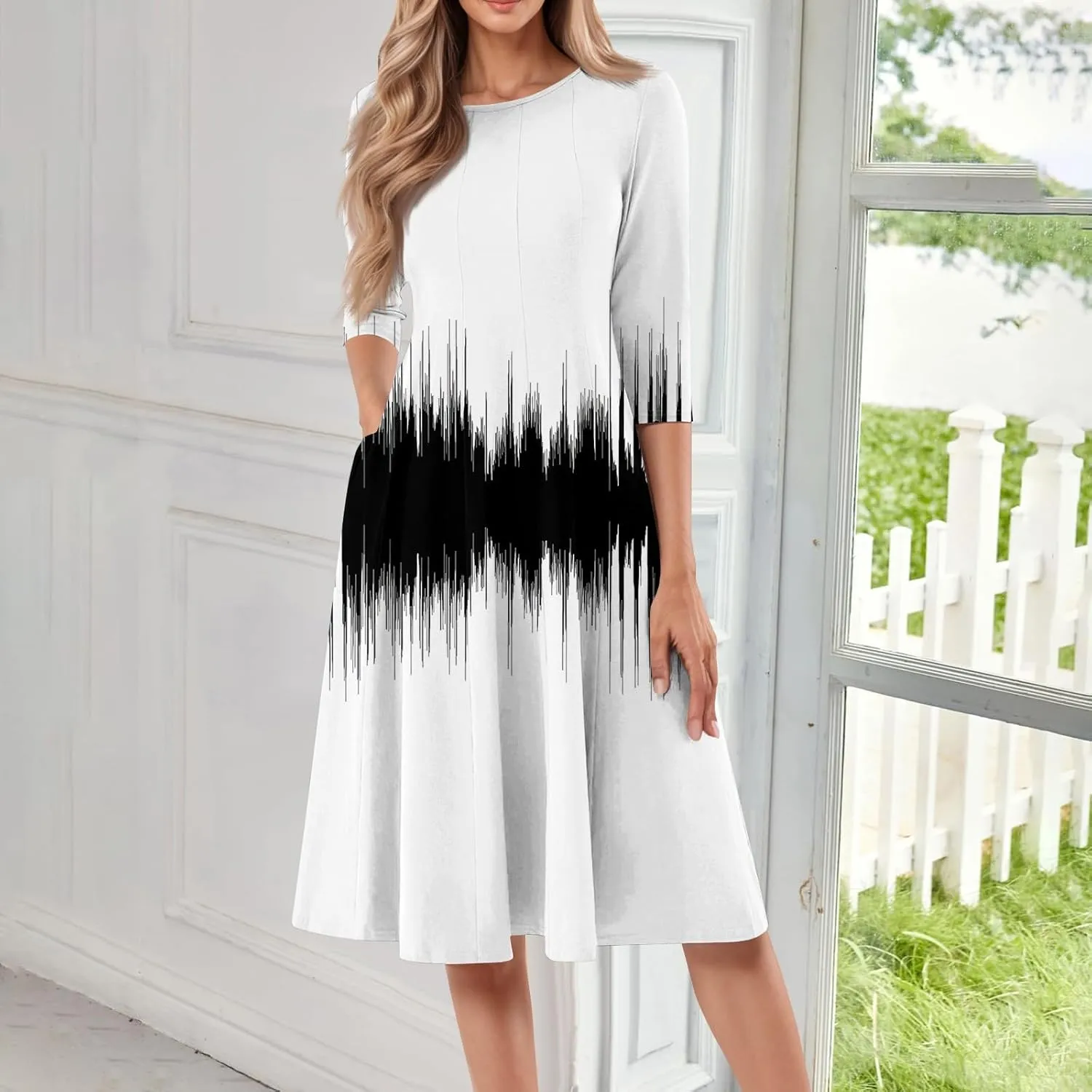 Spring Midi Knee Length Dress for Women 3/4 Length Sleeve Ruched Dress Crew Neck Dresses A Line Dress with Pocket
