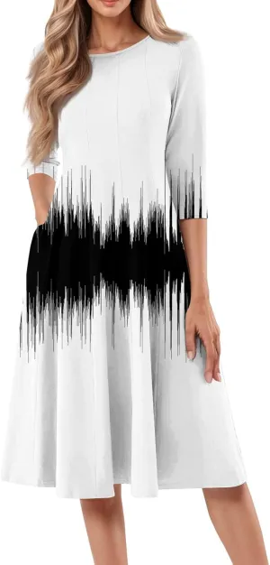 Spring Midi Knee Length Dress for Women 3/4 Length Sleeve Ruched Dress Crew Neck Dresses A Line Dress with Pocket