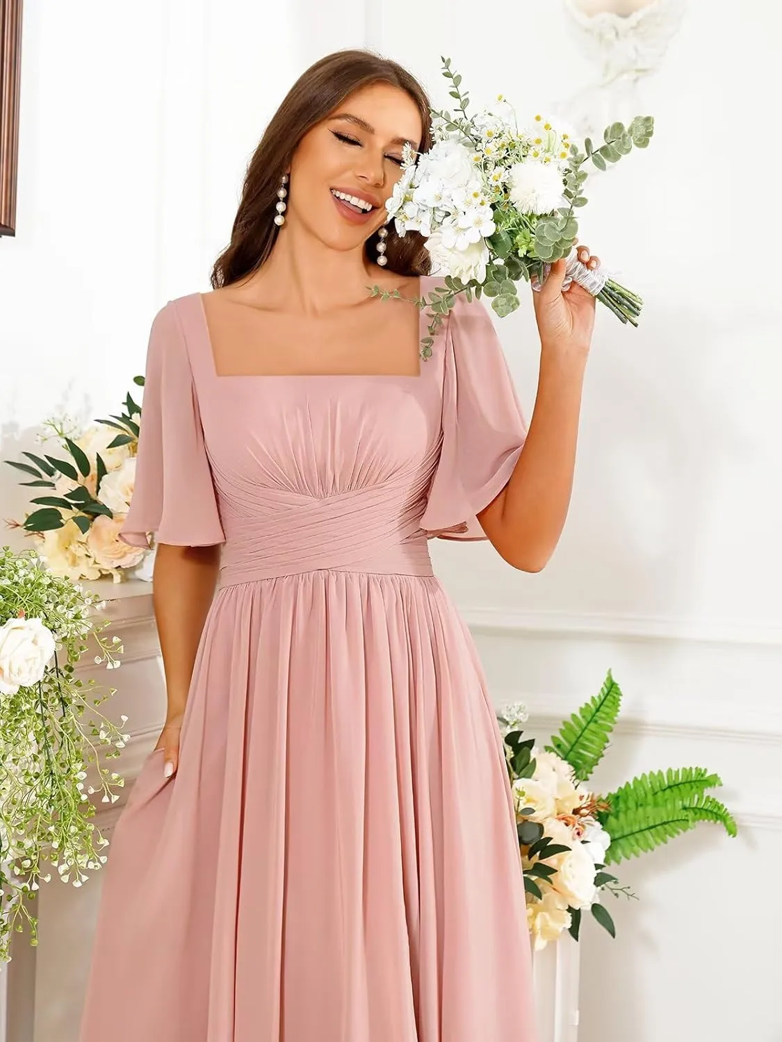 Square Neck Chiffon Bridesmaid Dresses with Slit Flutter Sleeve Long Formal Wedding Guest Dress with Pockets