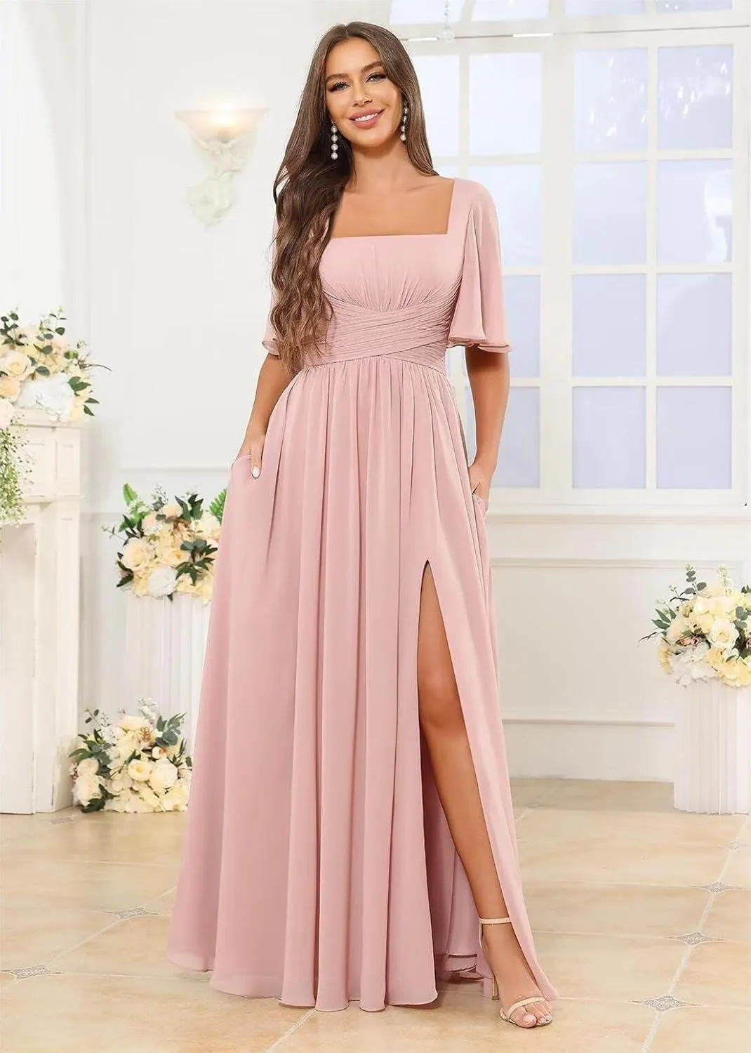 Square Neck Chiffon Bridesmaid Dresses with Slit Flutter Sleeve Long Formal Wedding Guest Dress with Pockets