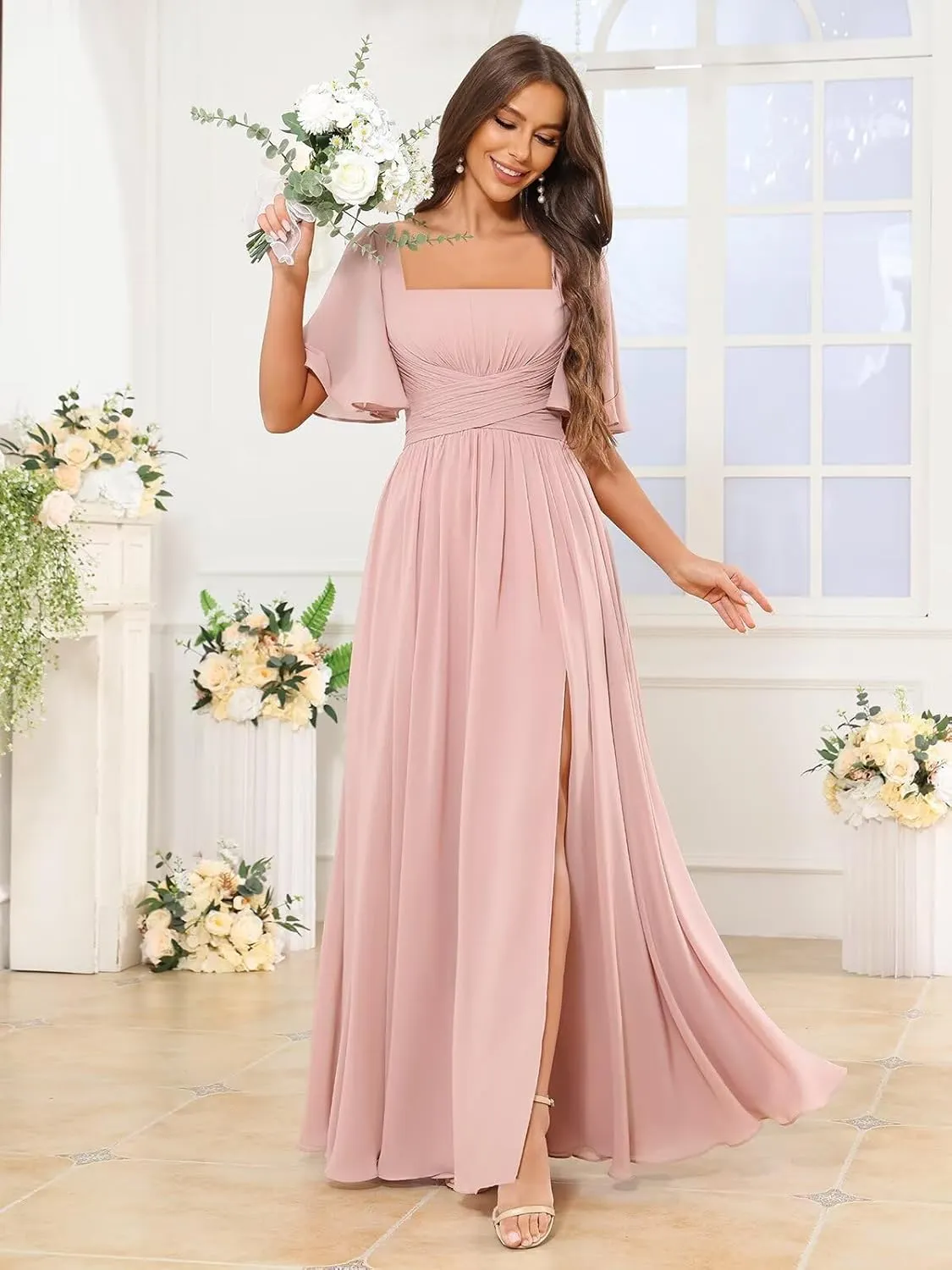 Square Neck Chiffon Bridesmaid Dresses with Slit Flutter Sleeve Long Formal Wedding Guest Dress with Pockets