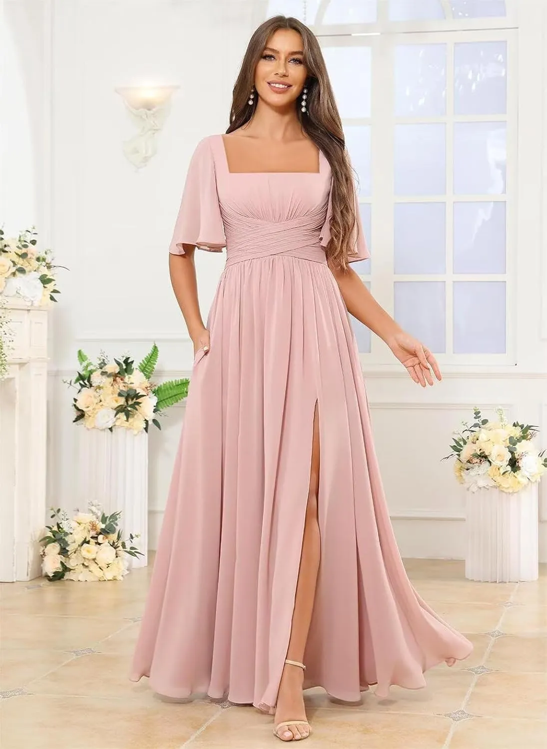 Square Neck Chiffon Bridesmaid Dresses with Slit Flutter Sleeve Long Formal Wedding Guest Dress with Pockets