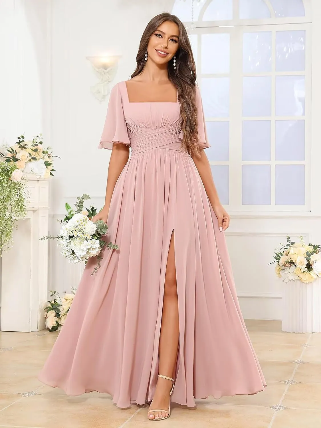 Square Neck Chiffon Bridesmaid Dresses with Slit Flutter Sleeve Long Formal Wedding Guest Dress with Pockets