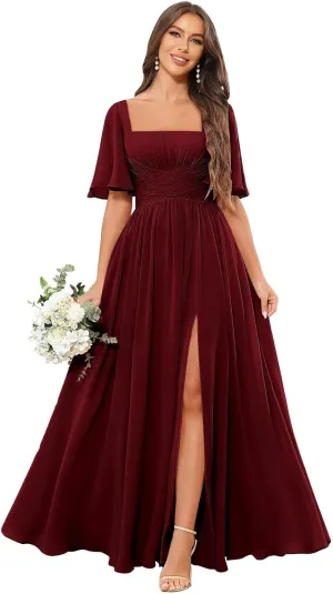 Square Neck Chiffon Bridesmaid Dresses with Slit Flutter Sleeve Long Formal Wedding Guest Dress with Pockets