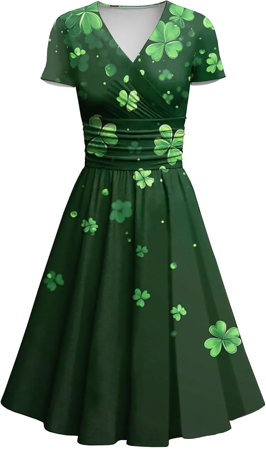 St Patricks Day Dresses for Women Short Sleeve V Neck Princess Pulled Ruffle Shamrock Print Waist Drawstring Dresses