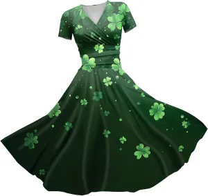 St Patricks Day Dresses for Women Short Sleeve V Neck Princess Pulled Ruffle Shamrock Print Waist Drawstring Dresses