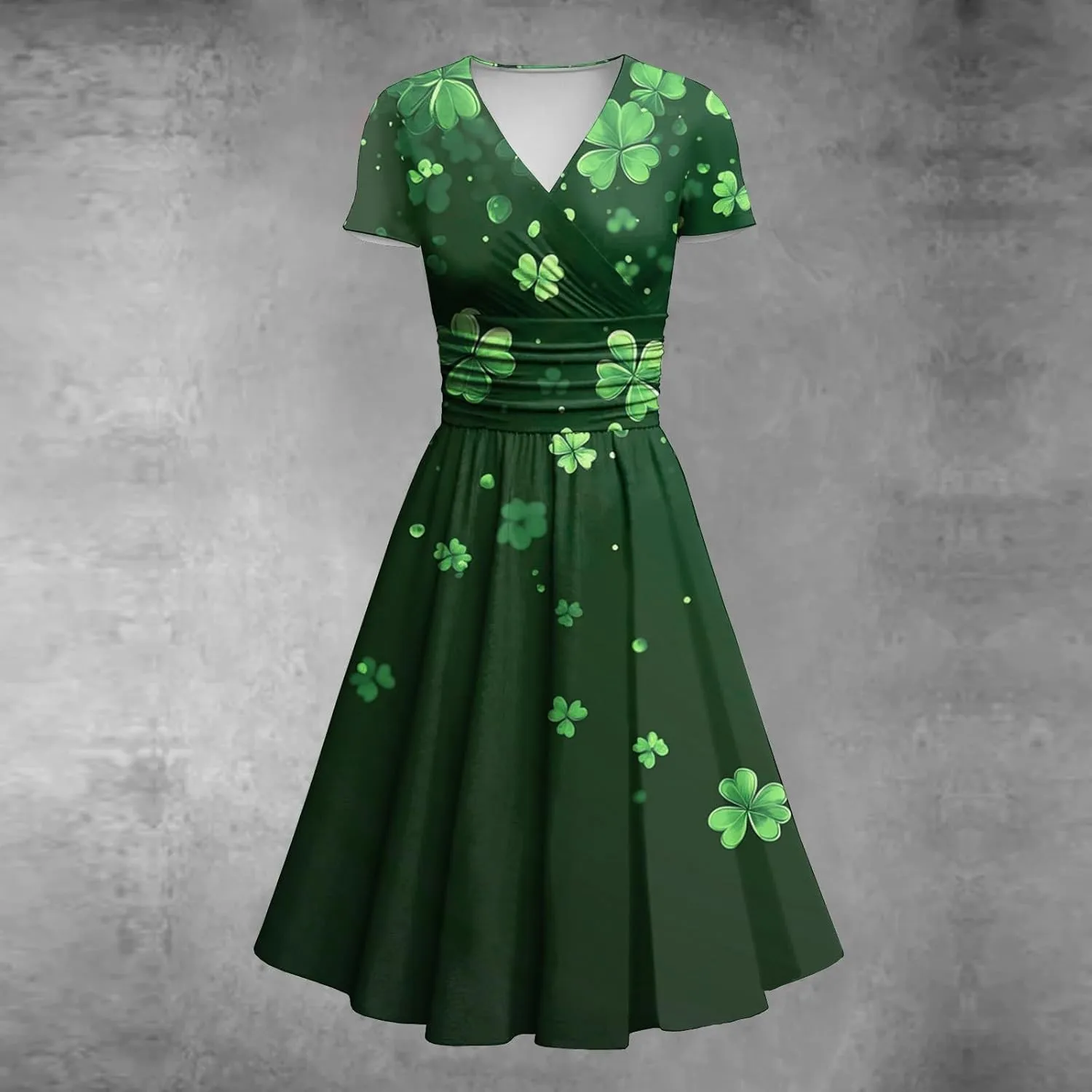 St Patricks Day Dresses for Women Short Sleeve V Neck Princess Pulled Ruffle Shamrock Print Waist Drawstring Dresses