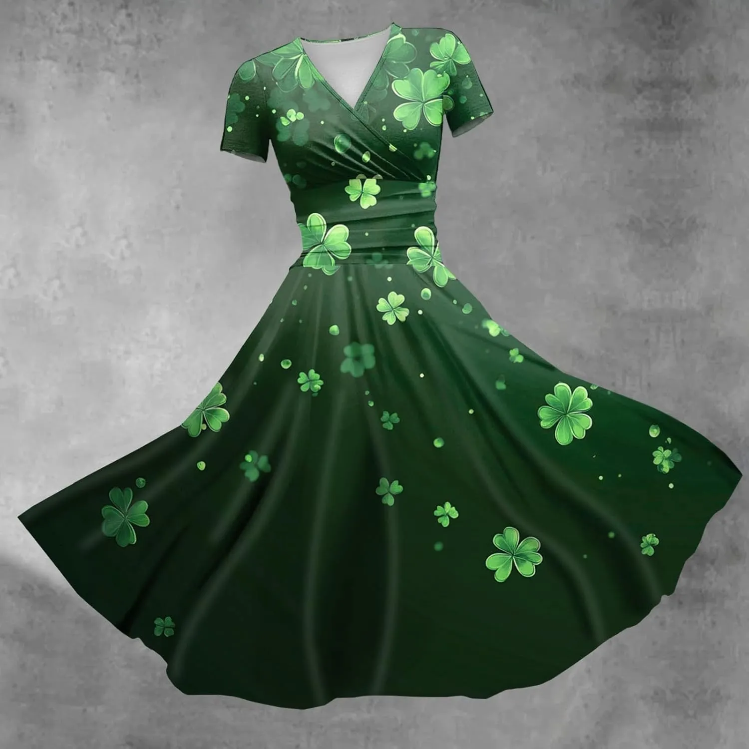St Patricks Day Dresses for Women Short Sleeve V Neck Princess Pulled Ruffle Shamrock Print Waist Drawstring Dresses