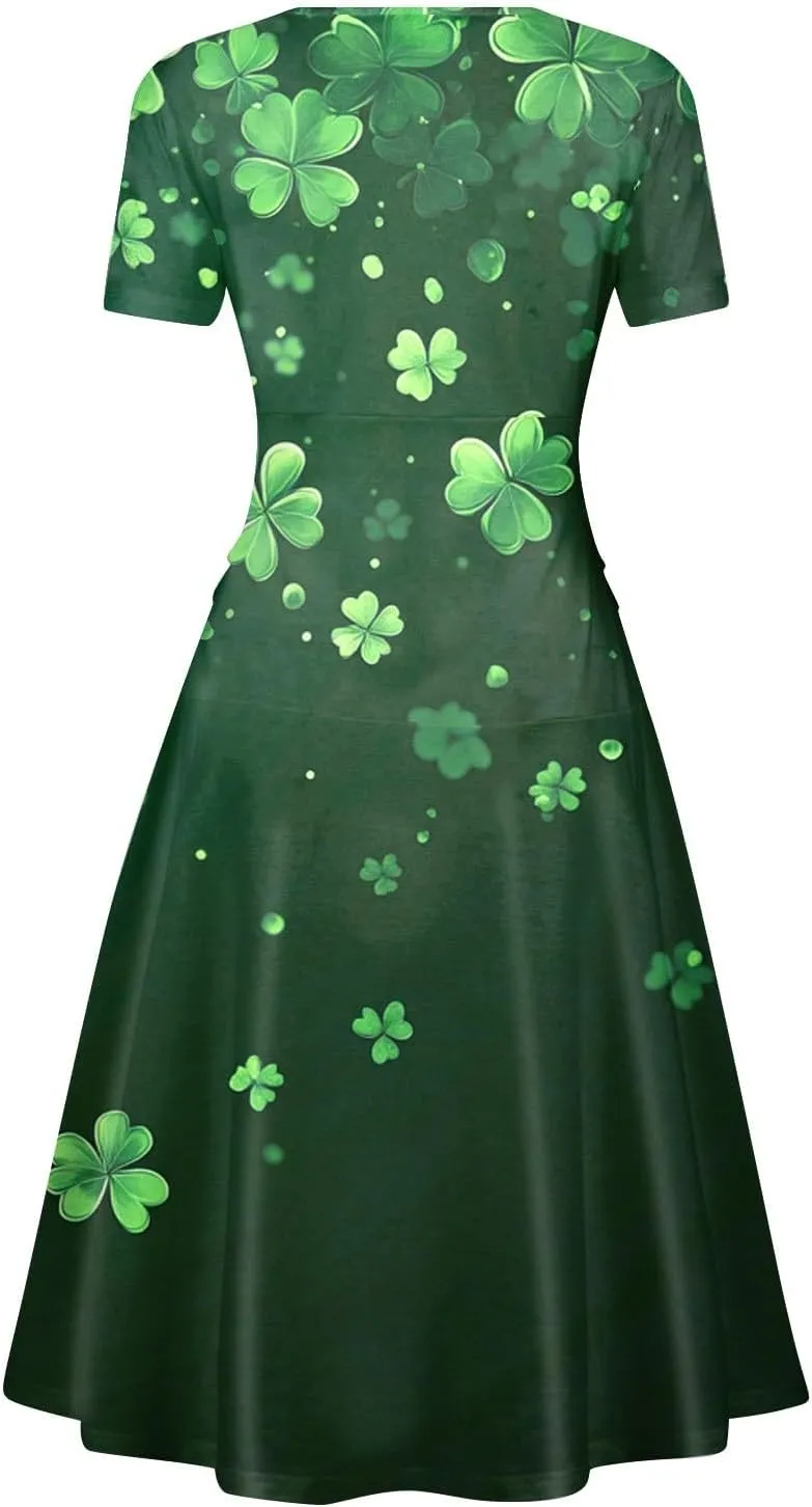 St Patricks Day Dresses for Women Short Sleeve V Neck Princess Pulled Ruffle Shamrock Print Waist Drawstring Dresses