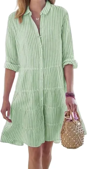 Striped Dress for Women Long Sleeve Lapel Neck Shirt Midi Dresses Summer Casual Loose Button Down A Line Dresses