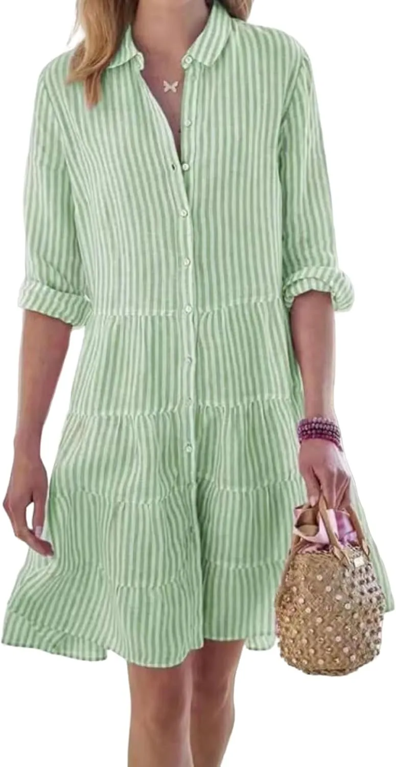 Striped Dress for Women Long Sleeve Lapel Neck Shirt Midi Dresses Summer Casual Loose Button Down A Line Dresses