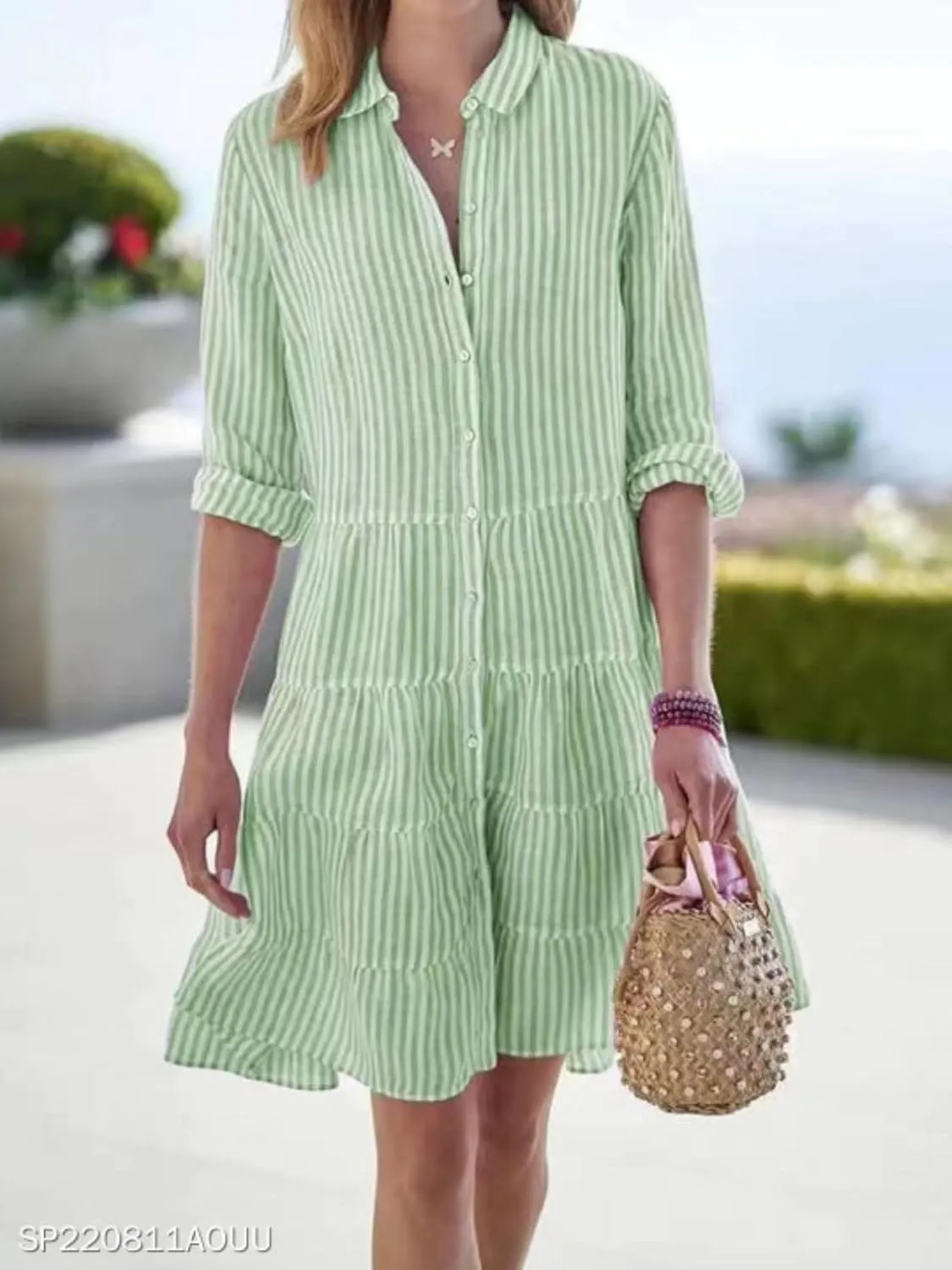 Striped Dress for Women Long Sleeve Lapel Neck Shirt Midi Dresses Summer Casual Loose Button Down A Line Dresses