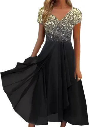 Stylish and Elegant V-Neck Maxi Dress, Women Summer V-Neck High Waist Chiffon Long Skirt, Wedding GUE Long Skirt