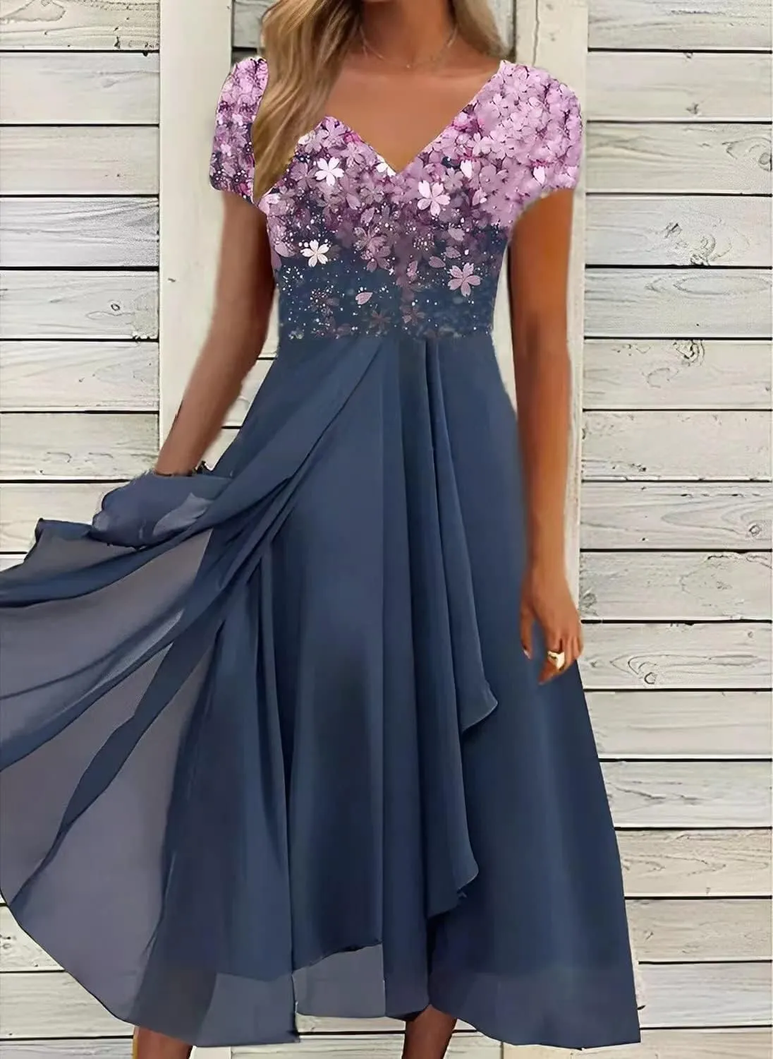 Stylish and Elegant V-Neck Maxi Dress, Women Summer V-Neck High Waist Chiffon Long Skirt, Wedding GUE Long Skirt
