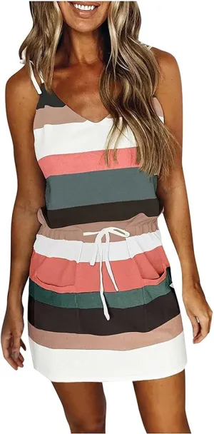 Summer Boho Women Casual Loose Sling Sleeveless Stripe Contrasting Colors Mini Dress Sun Blossoms Strap Dress