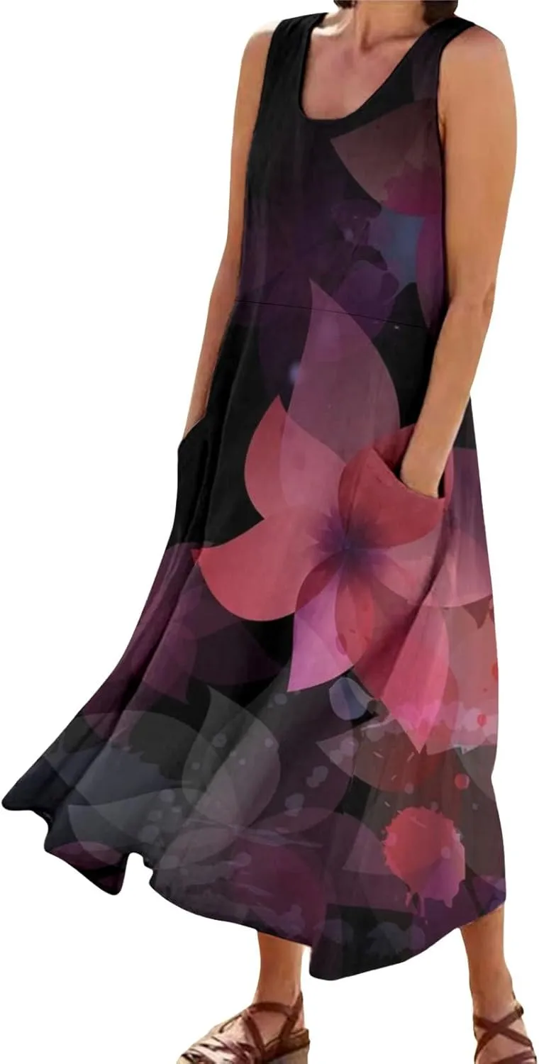 Summer Dresses for Women 2024 Vacation Linen Sleeveless Boho Floral Print Beach Sundress Casual Baggy Maxi Dress with Pockets