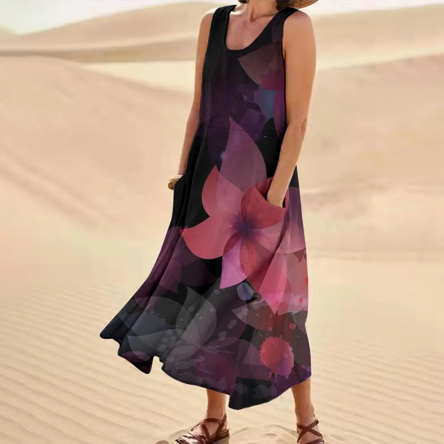 Summer Dresses for Women 2024 Vacation Linen Sleeveless Boho Floral Print Beach Sundress Casual Baggy Maxi Dress with Pockets