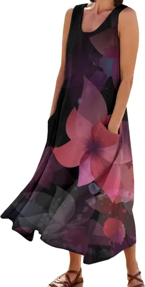 Summer Dresses for Women 2024 Vacation Linen Sleeveless Boho Floral Print Beach Sundress Casual Baggy Maxi Dress with Pockets