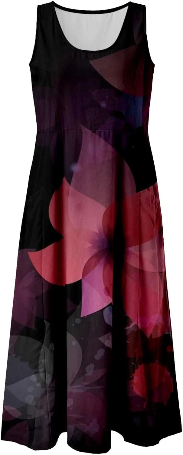 Summer Dresses for Women 2024 Vacation Linen Sleeveless Boho Floral Print Beach Sundress Casual Baggy Maxi Dress with Pockets