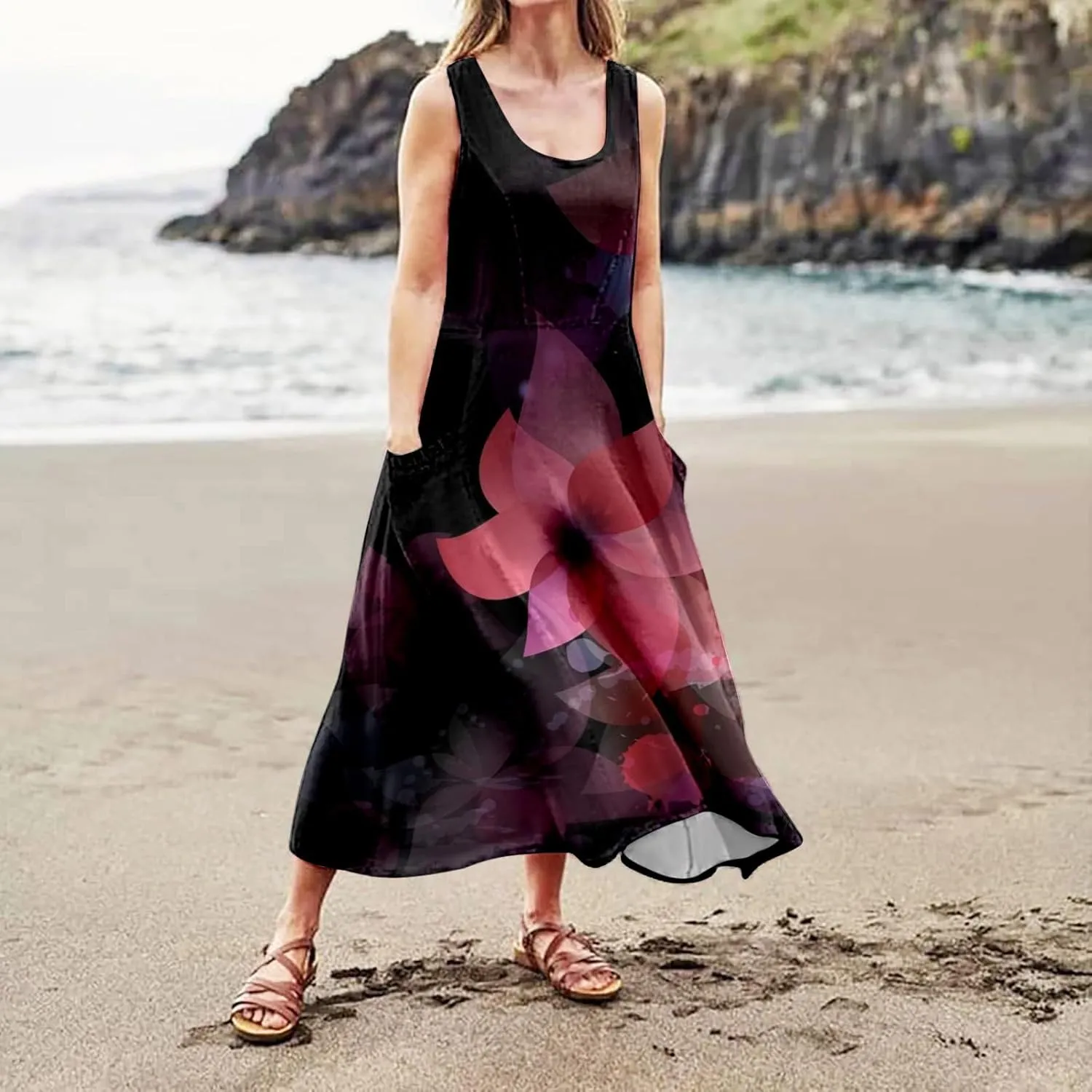 Summer Dresses for Women 2024 Vacation Linen Sleeveless Boho Floral Print Beach Sundress Casual Baggy Maxi Dress with Pockets