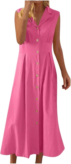 Summer Dresses for Women 2025 Casual Beach Cotton Linen Button Down Sundresses Loose V Neck Sleeveless Maxi Dress