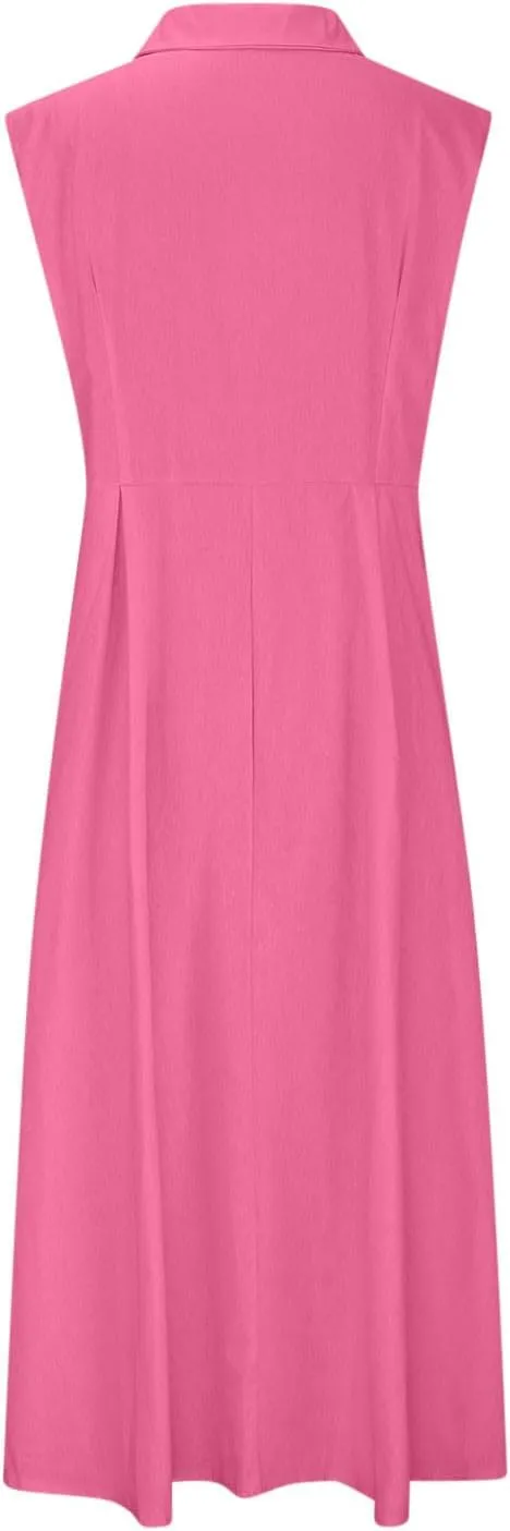 Summer Dresses for Women 2025 Casual Beach Cotton Linen Button Down Sundresses Loose V Neck Sleeveless Maxi Dress