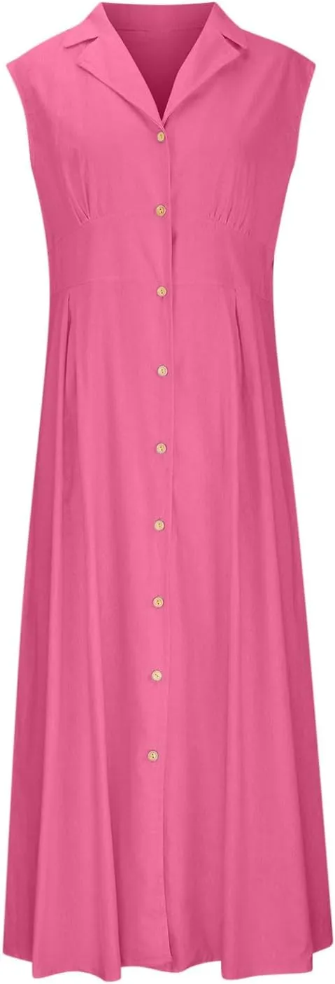 Summer Dresses for Women 2025 Casual Beach Cotton Linen Button Down Sundresses Loose V Neck Sleeveless Maxi Dress
