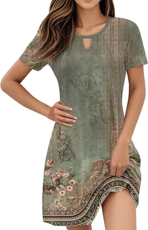Summer Dresses for Women 2025 Casual Beach Mini Dress Loose Short Sleeve T Shirt Dress Floral Flowy A-Line Dresses