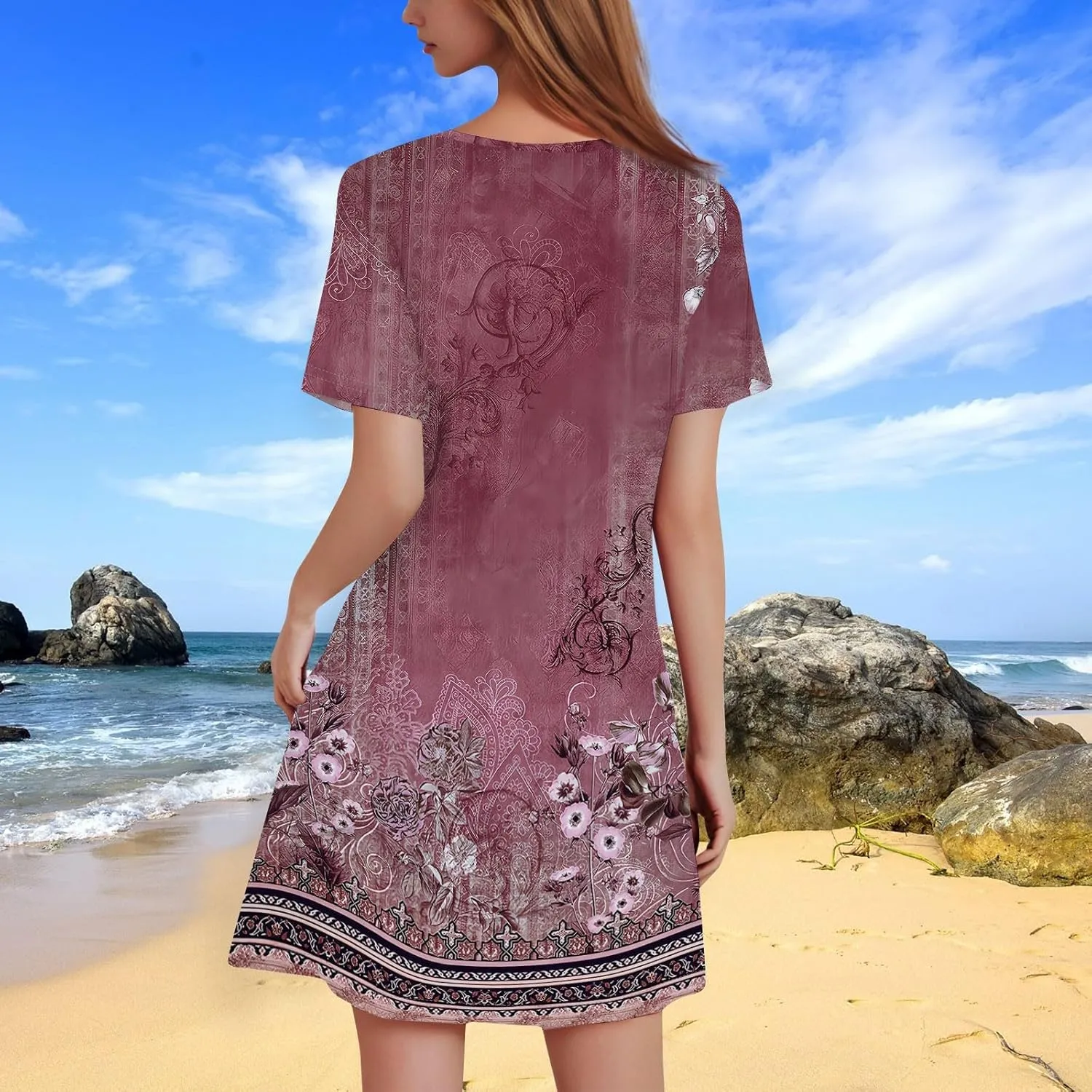 Summer Dresses for Women 2025 Casual Beach Mini Dress Loose Short Sleeve T Shirt Dress Floral Flowy A-Line Dresses