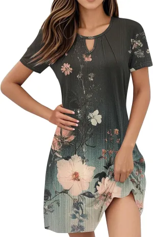 Summer Dresses for Women 2025 Casual Beach Mini Dress Loose Short Sleeve T Shirt Dress Floral Flowy A-Line Dresses