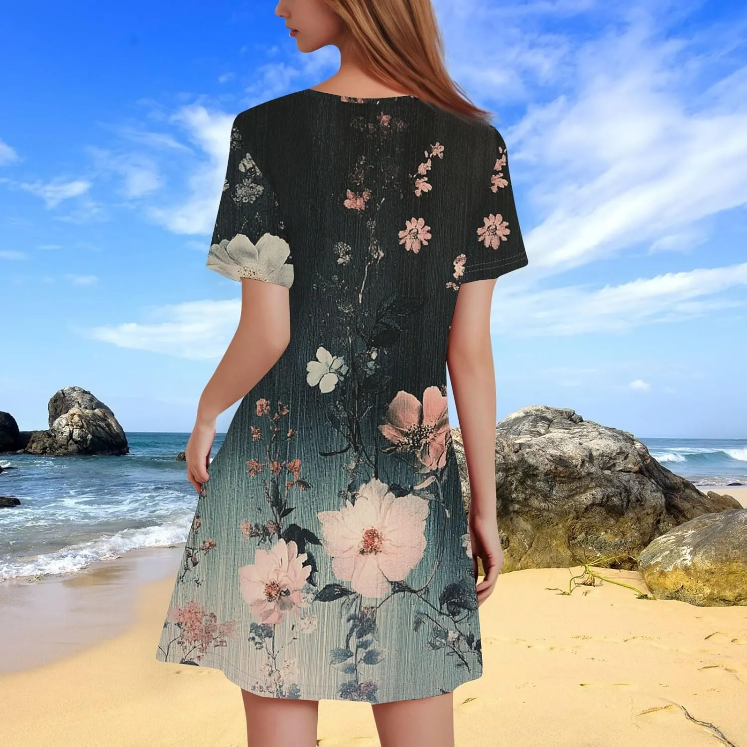 Summer Dresses for Women 2025 Casual Beach Mini Dress Loose Short Sleeve T Shirt Dress Floral Flowy A-Line Dresses