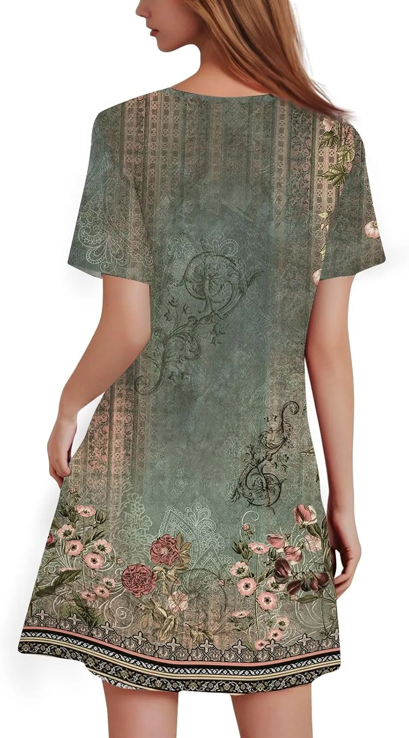 Summer Dresses for Women 2025 Casual Beach Mini Dress Loose Short Sleeve T Shirt Dress Floral Flowy A-Line Dresses