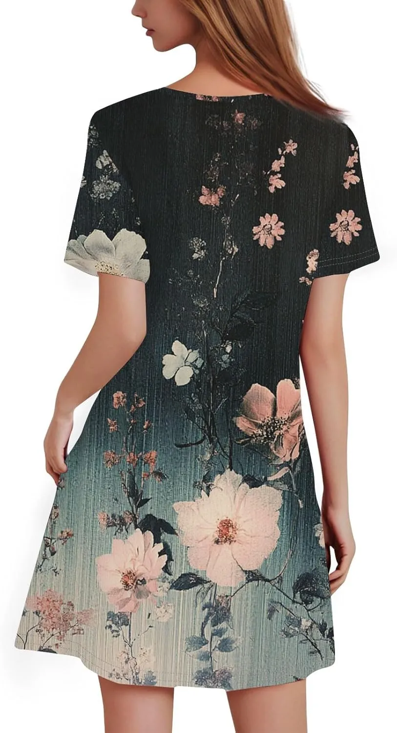 Summer Dresses for Women 2025 Casual Beach Mini Dress Loose Short Sleeve T Shirt Dress Floral Flowy A-Line Dresses