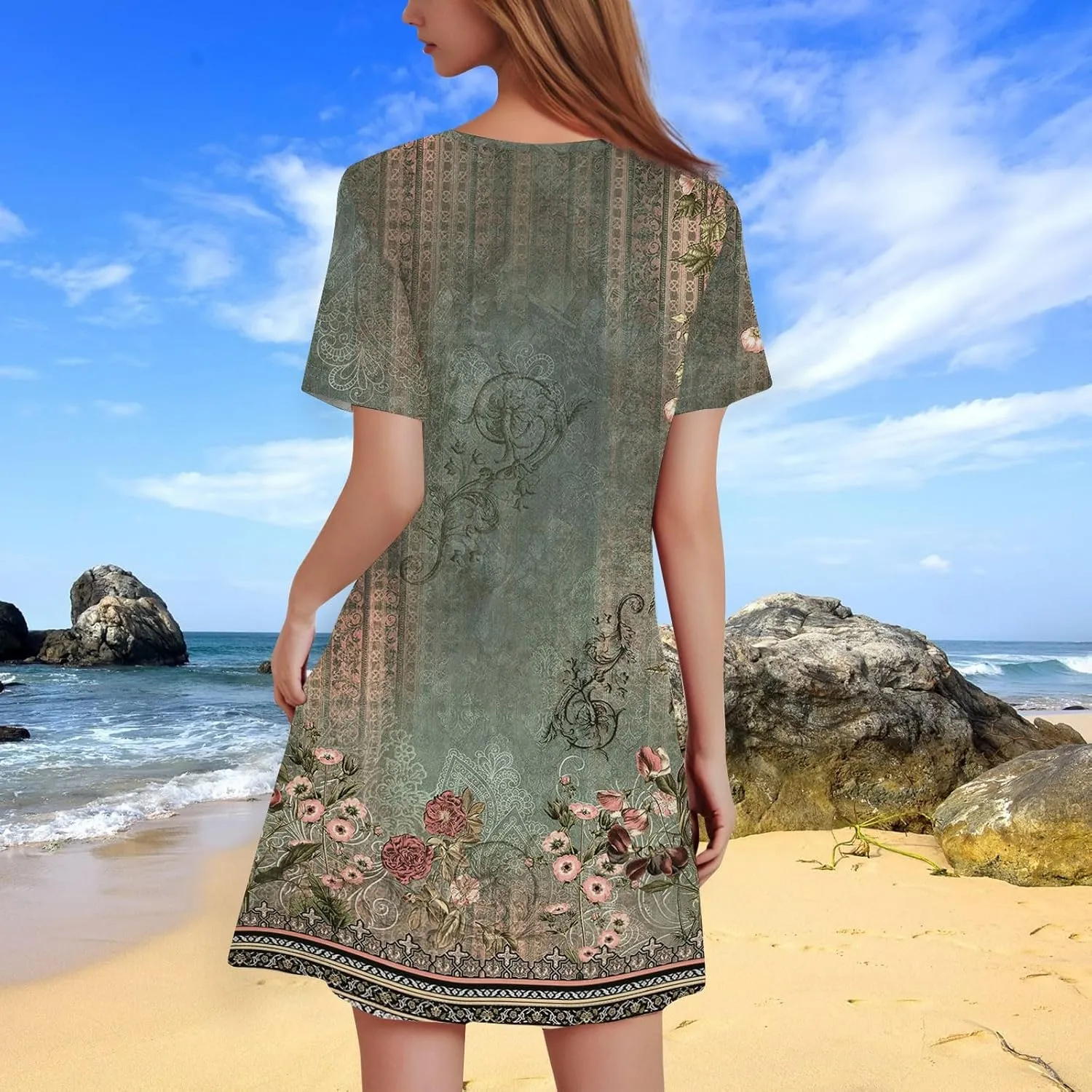 Summer Dresses for Women 2025 Casual Beach Mini Dress Loose Short Sleeve T Shirt Dress Floral Flowy A-Line Dresses