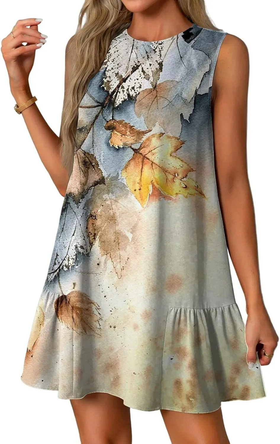 Summer Dresses for Women 2025 Casual Floral Print A-Line Sleeveless Ruffle Hem Round Neck with Pockets Beach Tank Dresses
