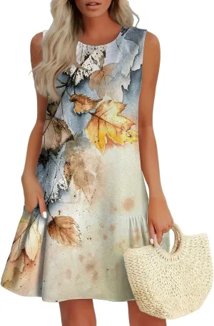 Summer Dresses for Women 2025 Casual Floral Print A-Line Sleeveless Ruffle Hem Round Neck with Pockets Beach Tank Dresses