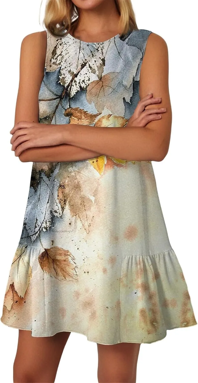 Summer Dresses for Women 2025 Casual Floral Print A-Line Sleeveless Ruffle Hem Round Neck with Pockets Beach Tank Dresses