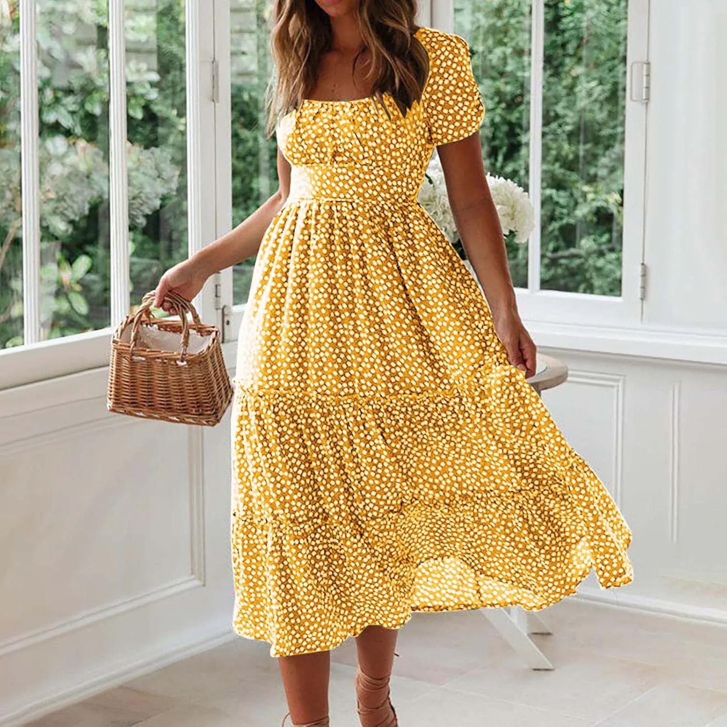 Summer Dresses for Women 2025 Casual Plus Size Dresses Boho Short Sleeve Beach Sundresses Flowy Print Midi Dress