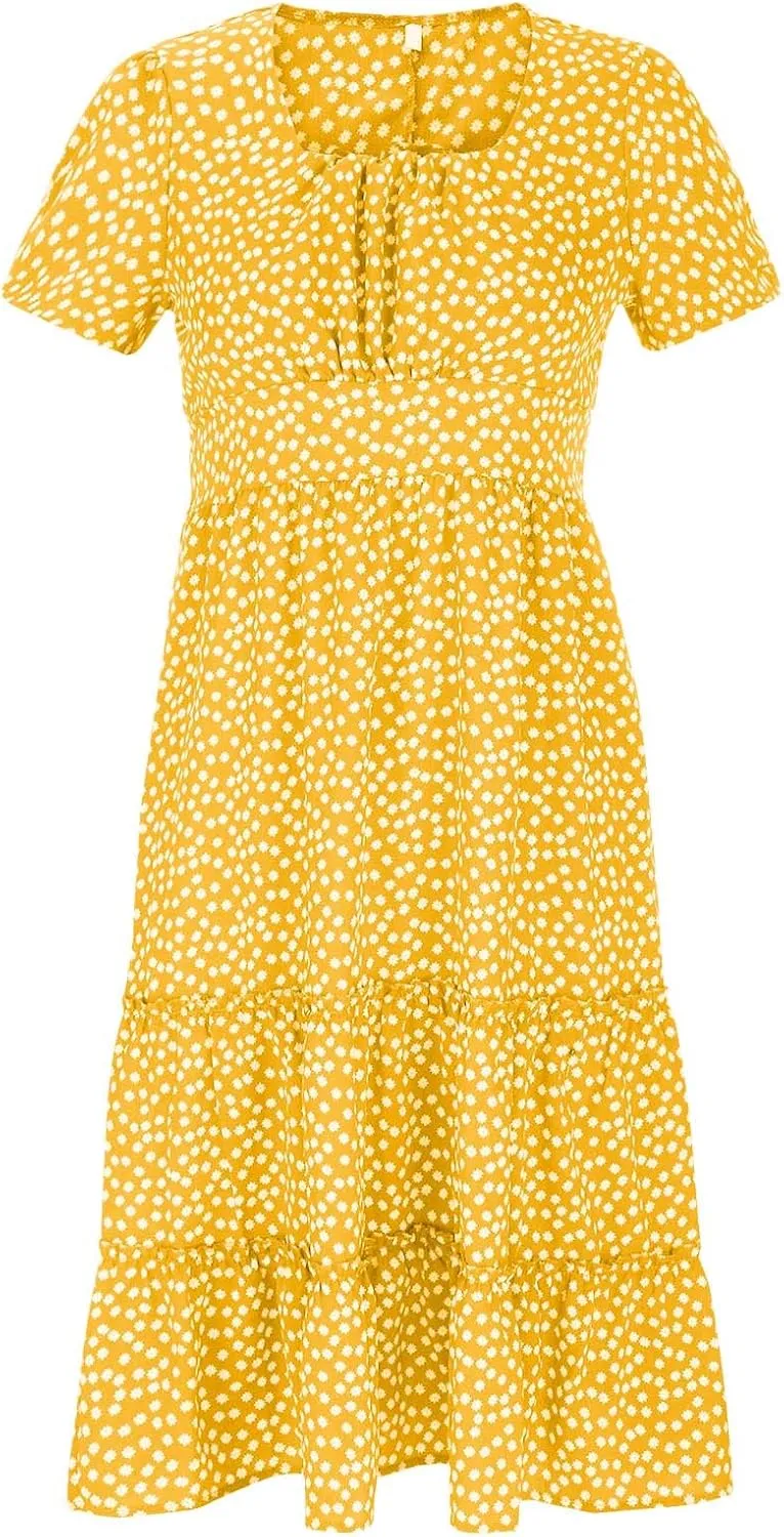Summer Dresses for Women 2025 Casual Plus Size Dresses Boho Short Sleeve Beach Sundresses Flowy Print Midi Dress
