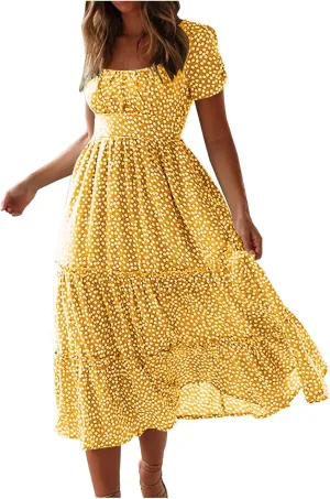 Summer Dresses for Women 2025 Casual Plus Size Dresses Boho Short Sleeve Beach Sundresses Flowy Print Midi Dress