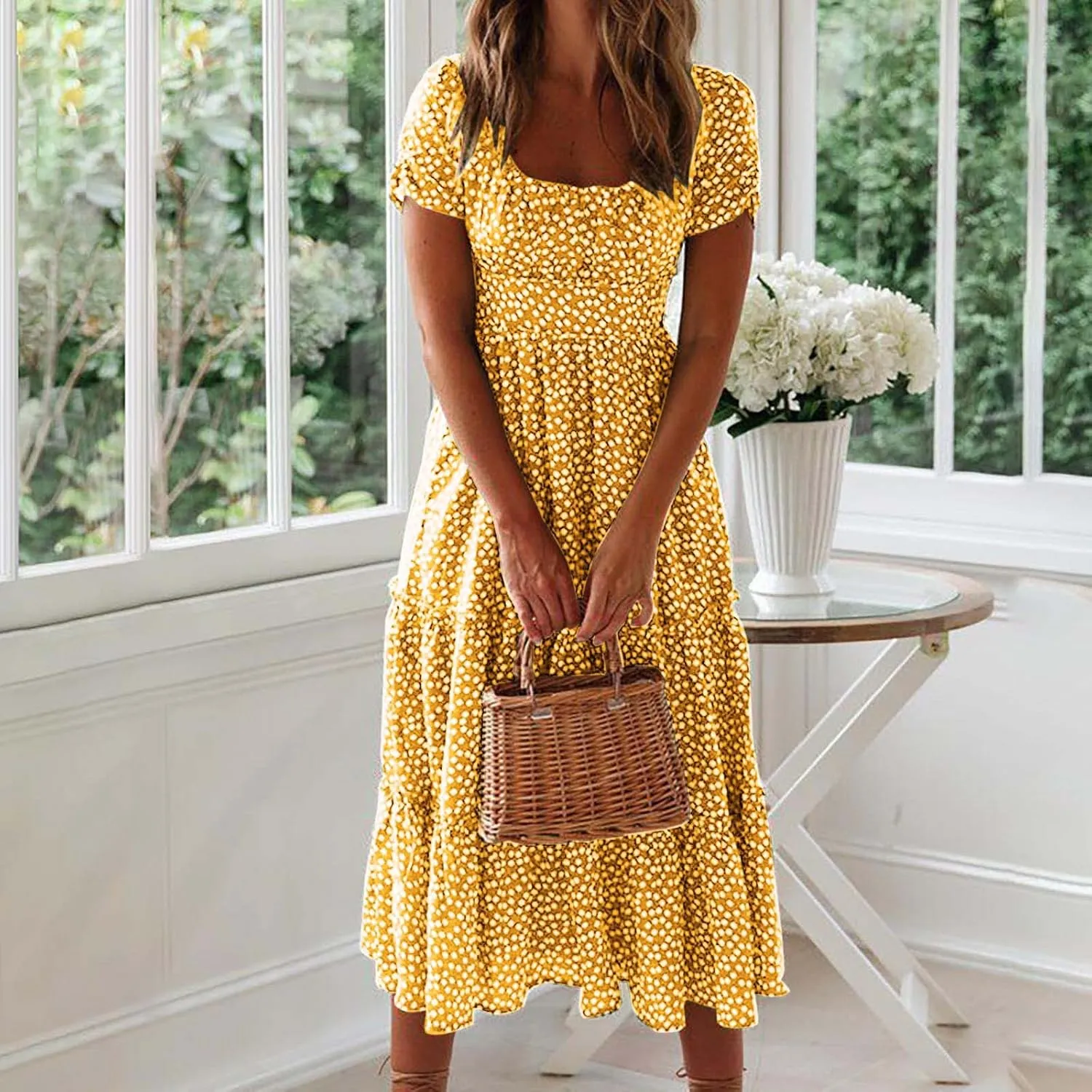 Summer Dresses for Women 2025 Casual Plus Size Dresses Boho Short Sleeve Beach Sundresses Flowy Print Midi Dress