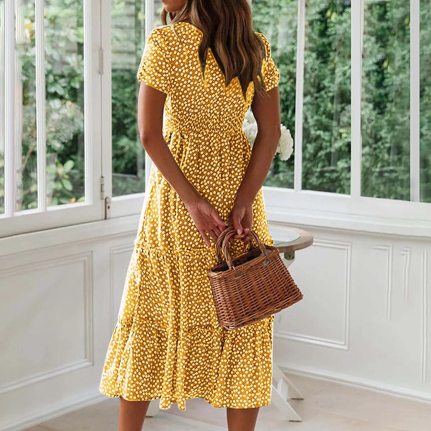 Summer Dresses for Women 2025 Casual Plus Size Dresses Boho Short Sleeve Beach Sundresses Flowy Print Midi Dress