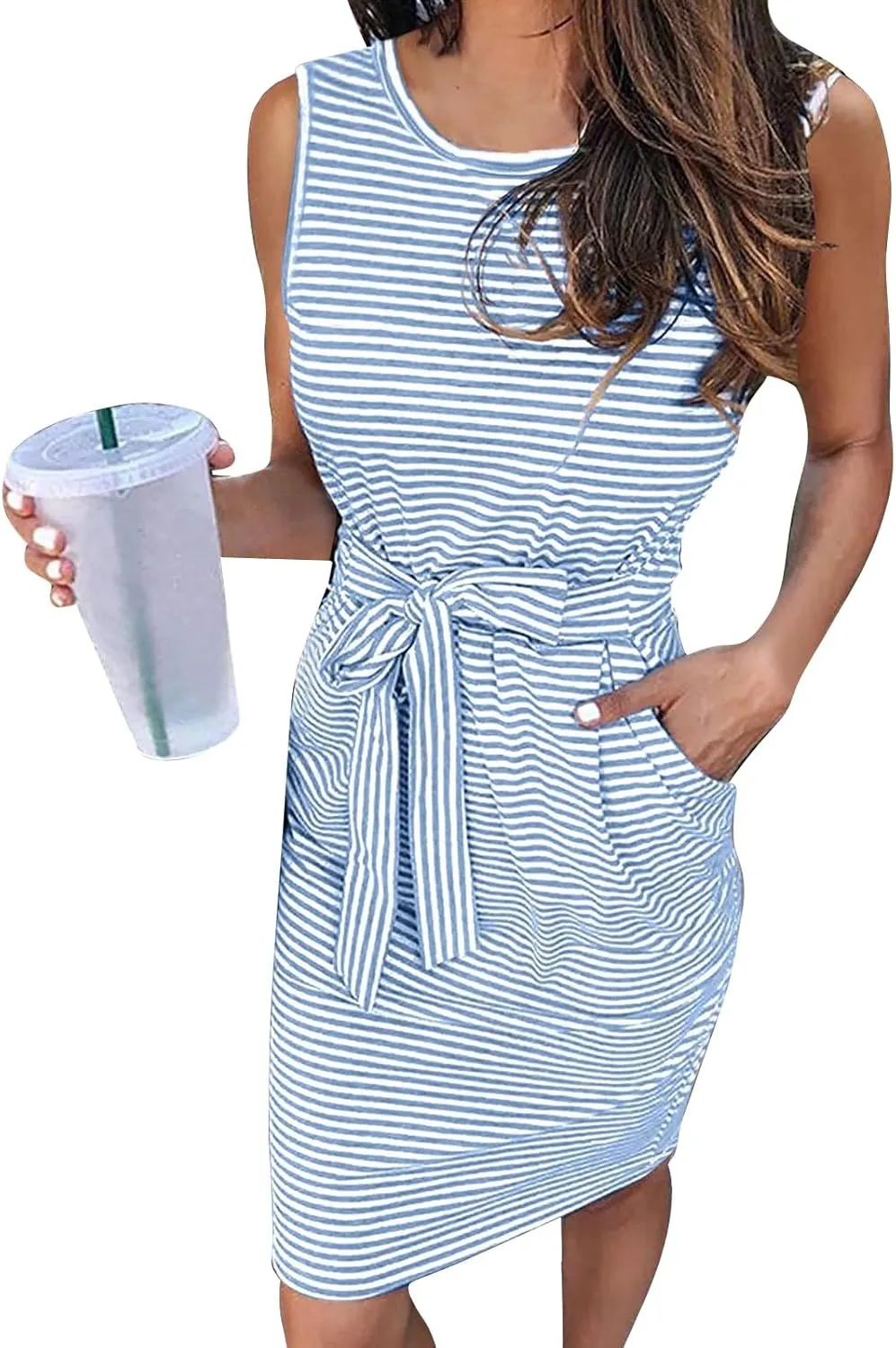 Summer Dresses for Women 2025 Casual Striped Sleeveless Tank Midi Dress Crewneck Tie Waist Beach Vacation Sundress